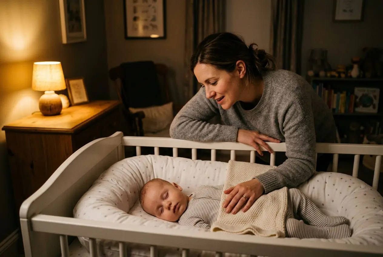 Mère veillant sur son bébé endormi dans son lit à barreaux, lampe chaleureuse et ambiance douillette